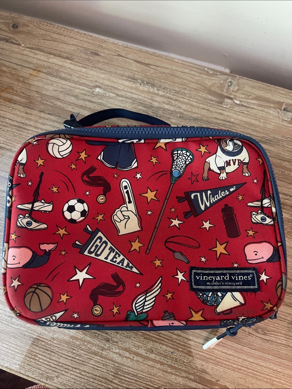 Vineyard Vines Red Sports-Print Travel Pouch or lunch box with Navy Trim